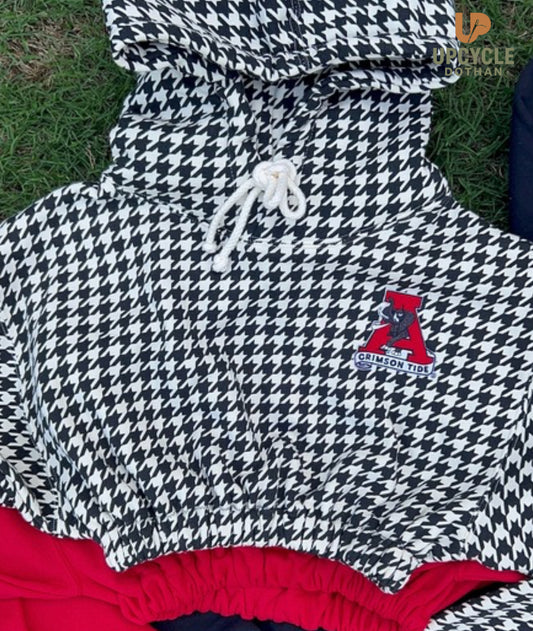 Crimson Tide Crop Top Houndstooth Hoodie (Handmade)