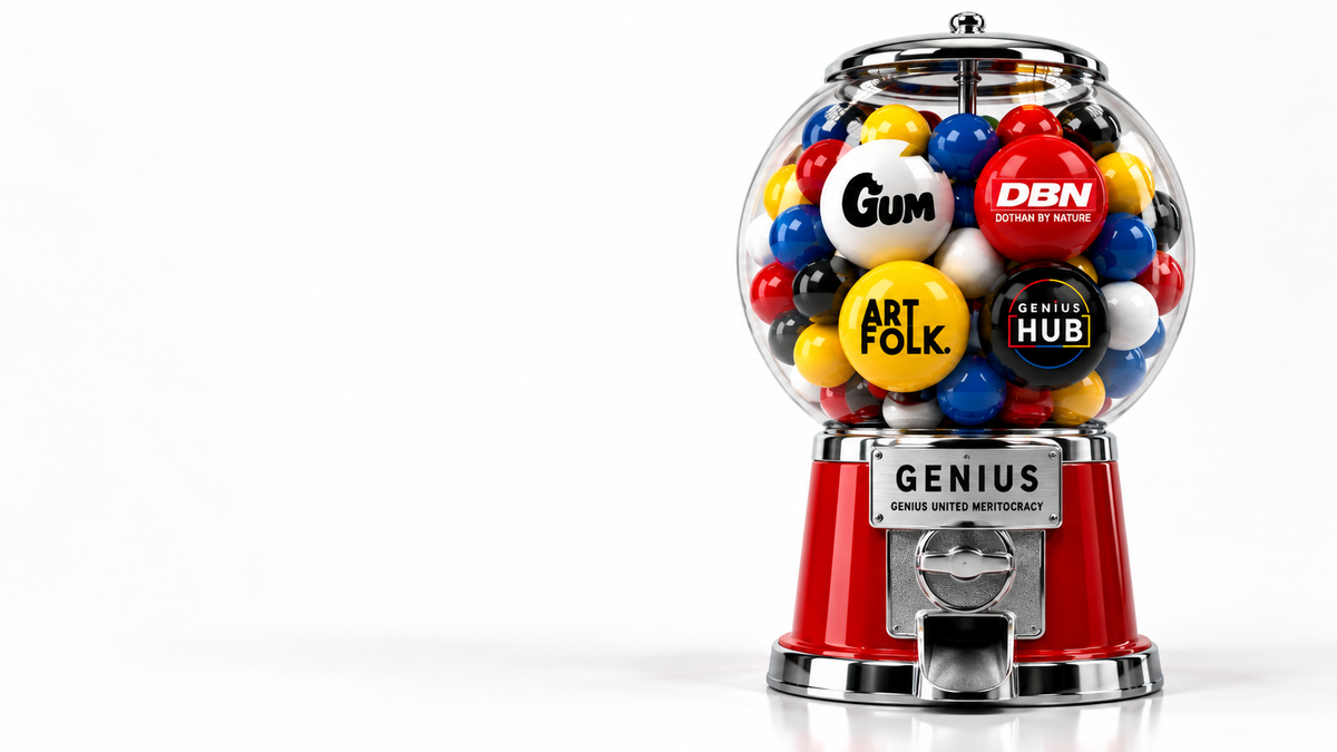 Genius United Meritocracy gumball machine with GUM, DBN, Artfolk and Genius HUB branded capsules