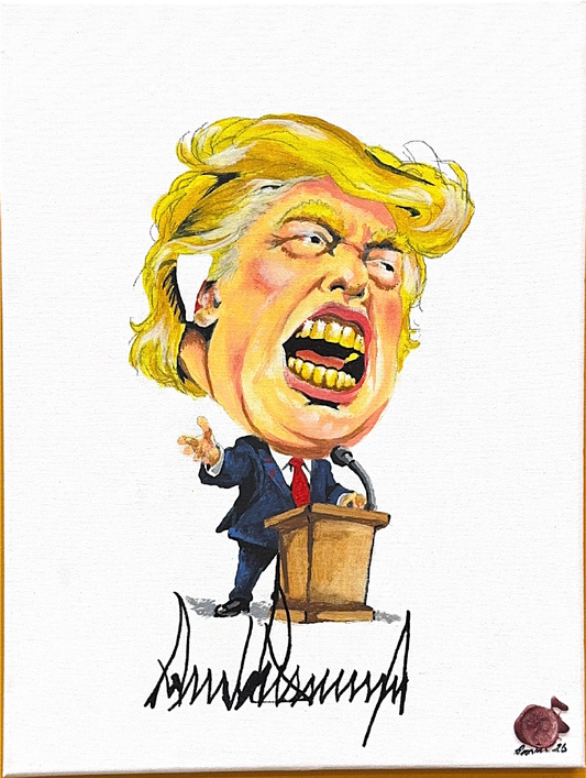 A larger-than-life caricature at a podium, with sweeping golden hair, an animated expression and a gleaming gold grill.