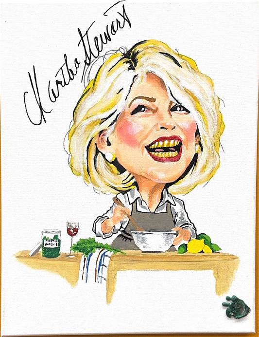 A playful kitchen caricature pairing a mixing bowl and fresh ingredients with a bright gold-grill smile.