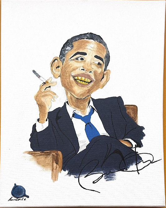 A relaxed, seated caricature in a dark suit and loosened blue tie, with a gold grill adding a playful contrast to the formal setting.