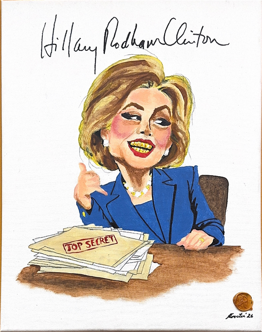 A blue-suited caricature behind a desk of papers marked “Top Secret,” finished with a gold-grill smile and bold, expressive detail.